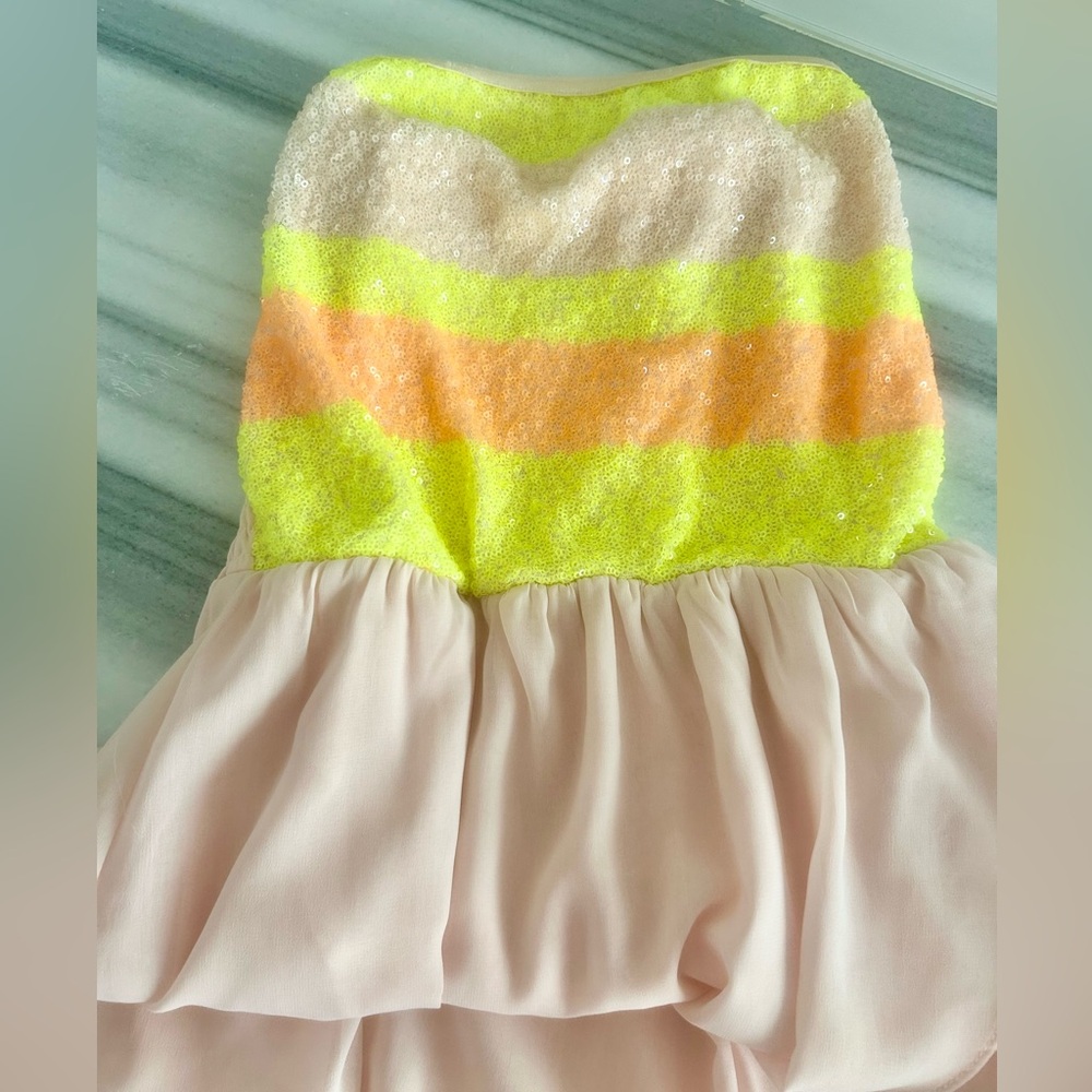 Zinga Strapless Yellow, Orange, Pink High Low Sequin Chiffon Party Dress Small